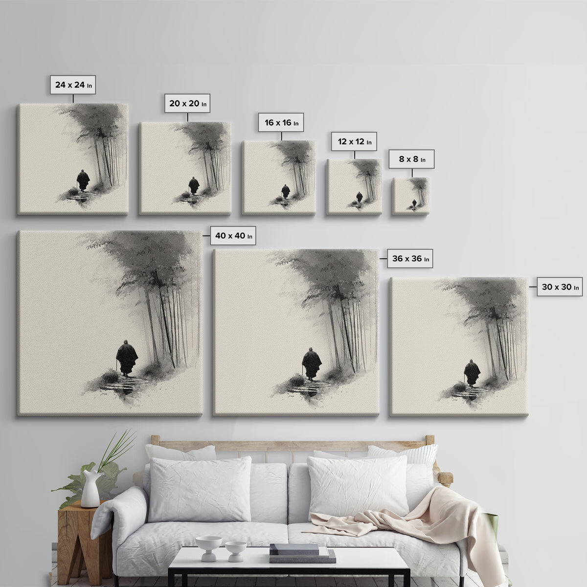 Minimalist Zen Monk Walking In Bamboo Fog Japanese Wall Art Black And White Print Japandi Decor Calming Wabi Sabi Artwork