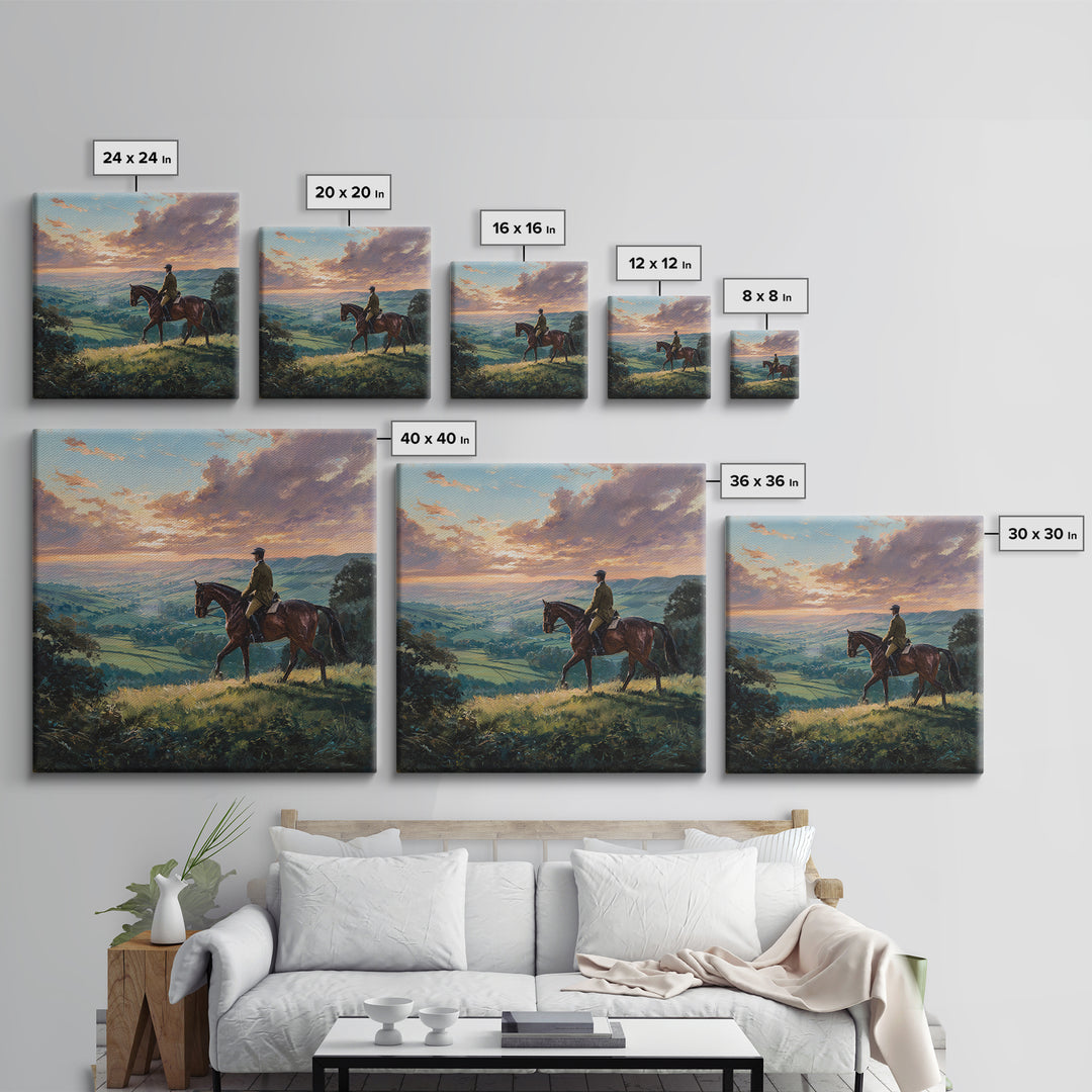Equestrian Rider Over Rolling Countryside Wall Art, Sunset Landscape Painting, Horse Lover Decor, English Country Wall Art