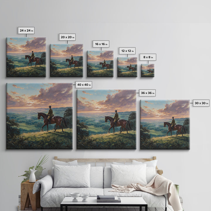 Equestrian Rider Over Rolling Countryside Wall Art, Sunset Landscape Painting, Horse Lover Decor, English Country Wall Art