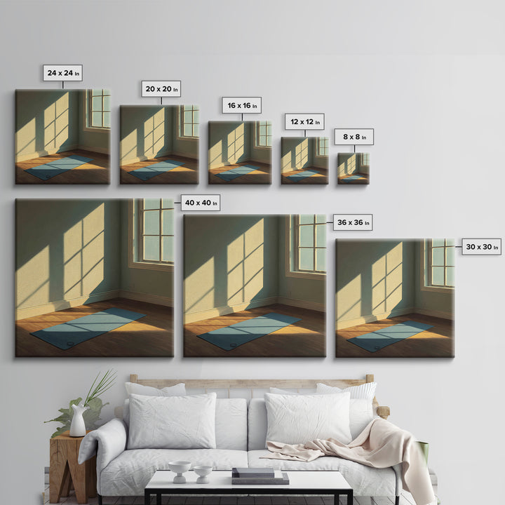 Minimal Sunlit Yoga Mat Wall Art, Serene Morning Light Framed Canvas Print, Mindful Home Decor, Zen Meditation Space
