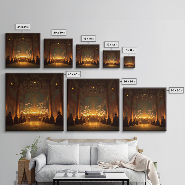 Golden Temple Meditation Wall Art, Monks And Candles Spiritual Print, Zen Decor, Calming Asian Inspired Artwork For Living Room Or Altar