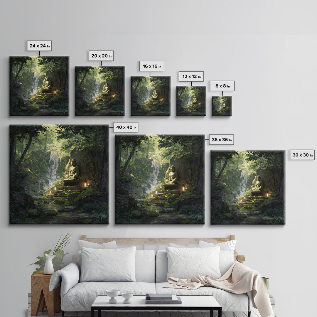 Zen Buddha By Forest Waterfall Wall Art, Tranquil Green Landscape Painting, Meditation Spiritual Decor, Calming Canvas Print