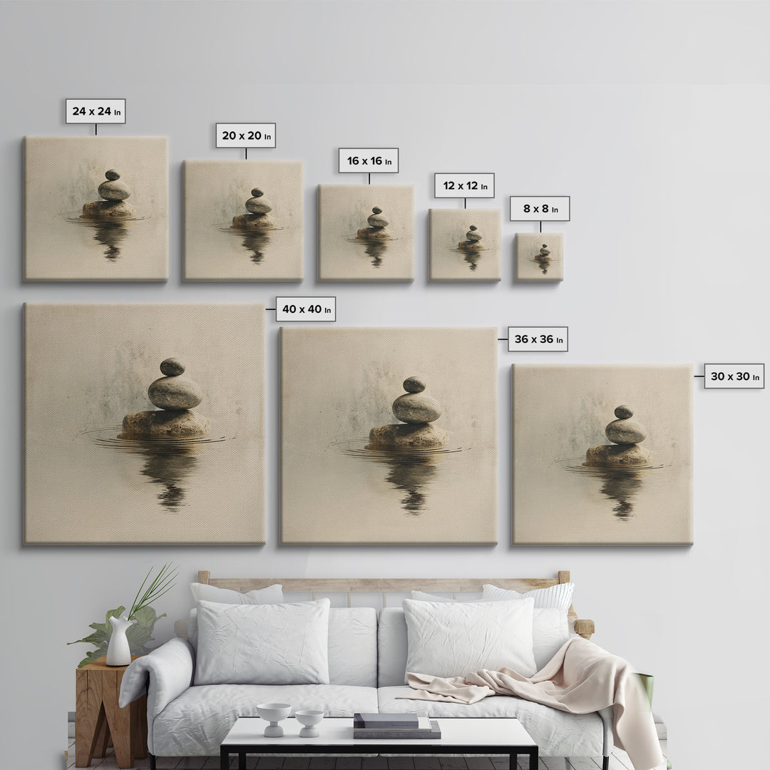 Minimal Zen Rock Stack In Still Water Wall Art, Neutral Japandi Canvas Print, Calming Wabi Sabi Decor For Modern Home