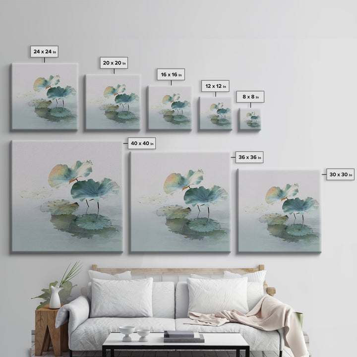 Minimalist Lotus Leaves Over Water Wall Art, Serene Zen Landscape Canvas Print, Japandi Neutral Home Decor