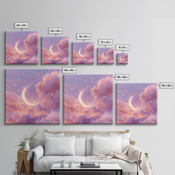 Glowing Crescent Moon In Pink Clouds Wall Art, Celestial Nursery Decor, Dreamy Space Art Print, Whimsical Bedroom Decor Gift
