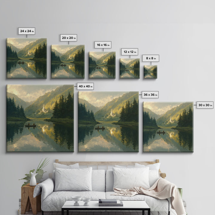 Misty Lake Temple Landscape Wall Art, Tranquil Boat Mountain Canvas Print, Serene Zen Nature Decor For Bedroom Or Living Room