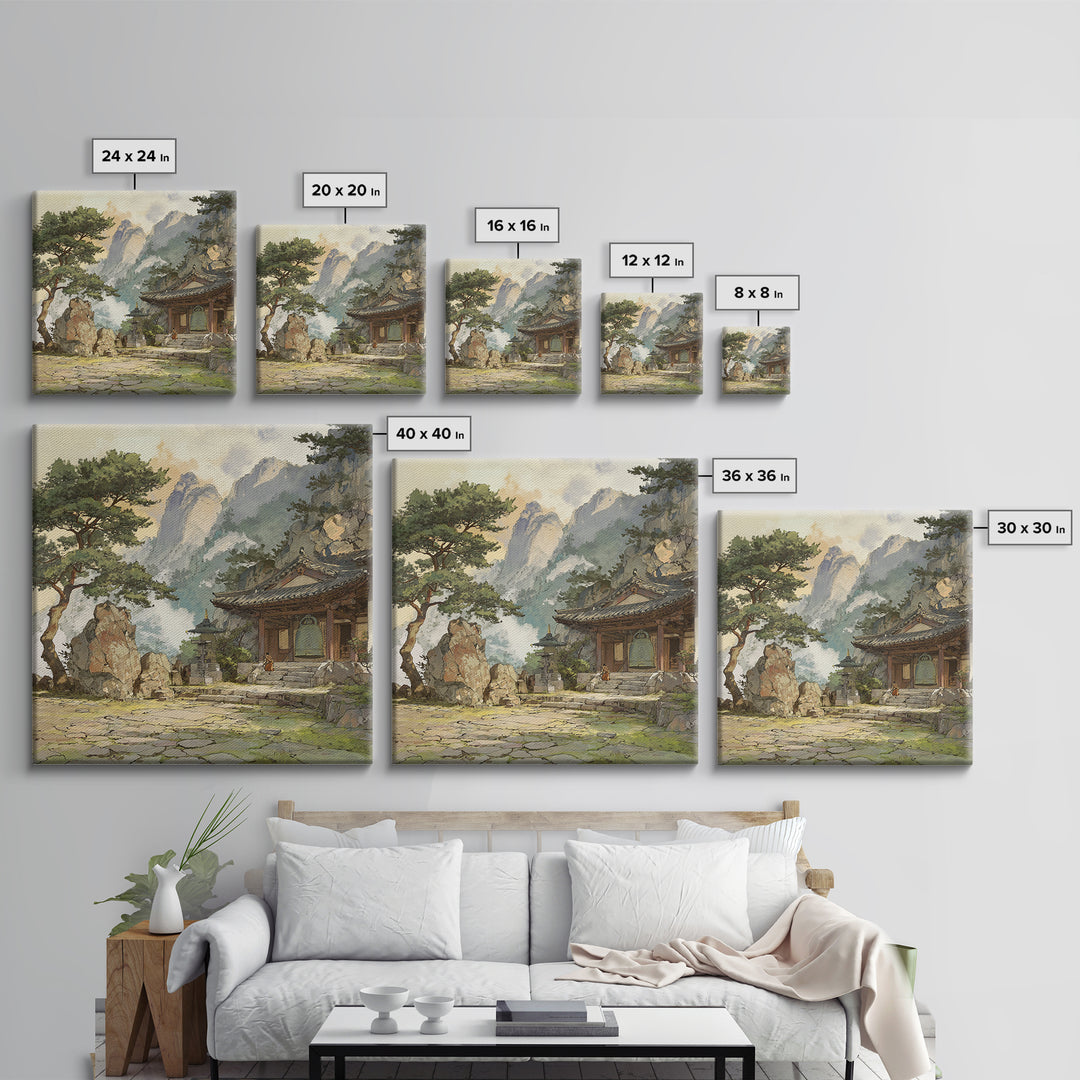 Japanese Landscape With Traditional Temple And Pine Trees Vintage Style Wall Art Framed Canvas Print