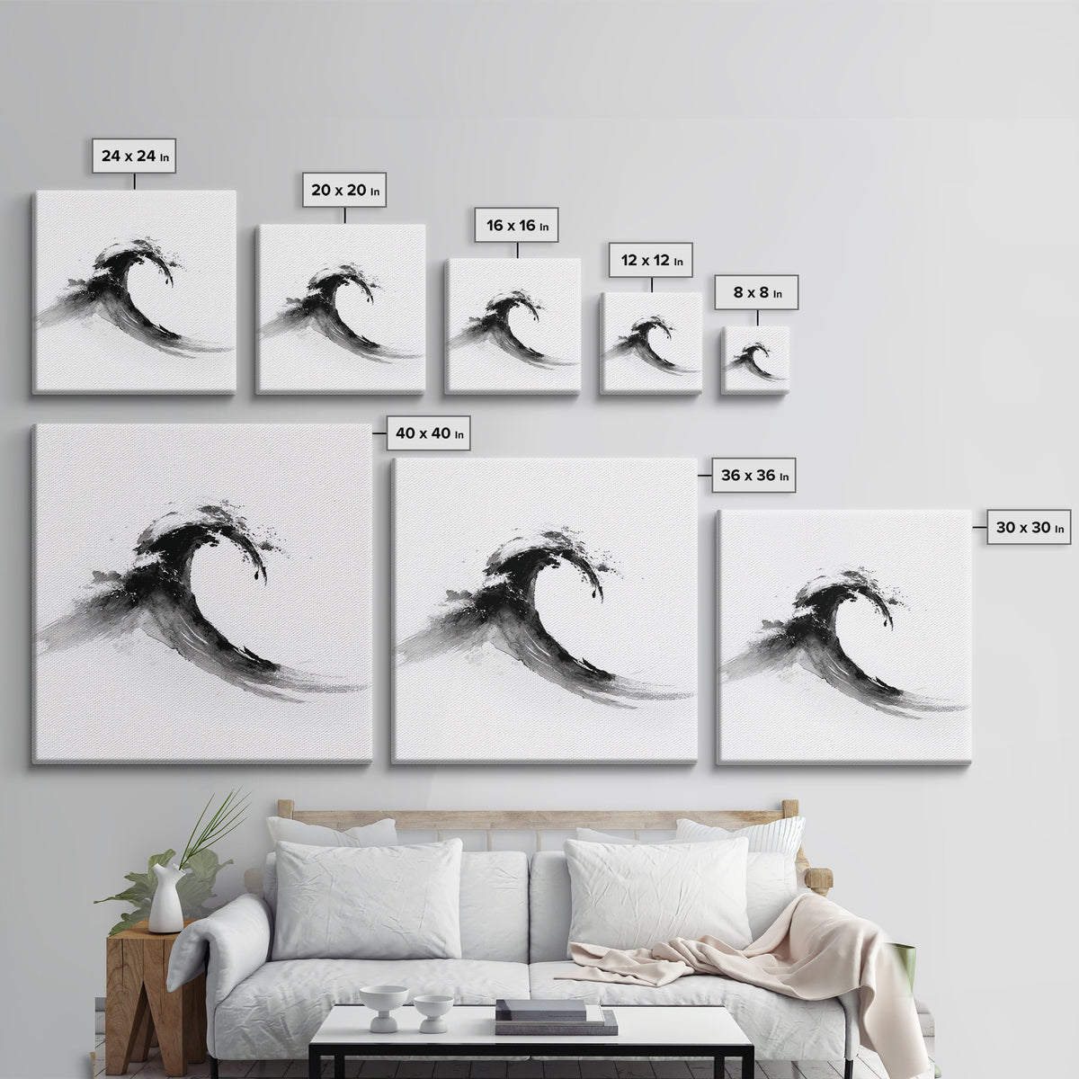 Minimalist Black And White Wave Painting Wall Art, Japanese Inspired Ocean Print, Modern Abstract Art, Coastal Home Decor