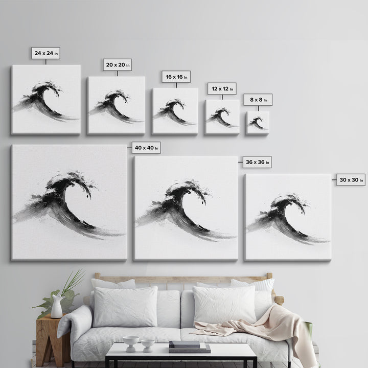 Minimalist Black And White Wave Painting Wall Art, Japanese Inspired Ocean Print, Modern Abstract Art, Coastal Home Decor