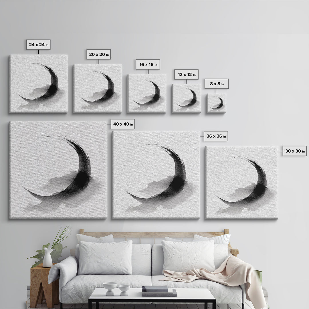 Black Ink Crescent Brushstroke Minimalist Abstract Wall Art, Japandi Zen Decor, Modern Canvas Print