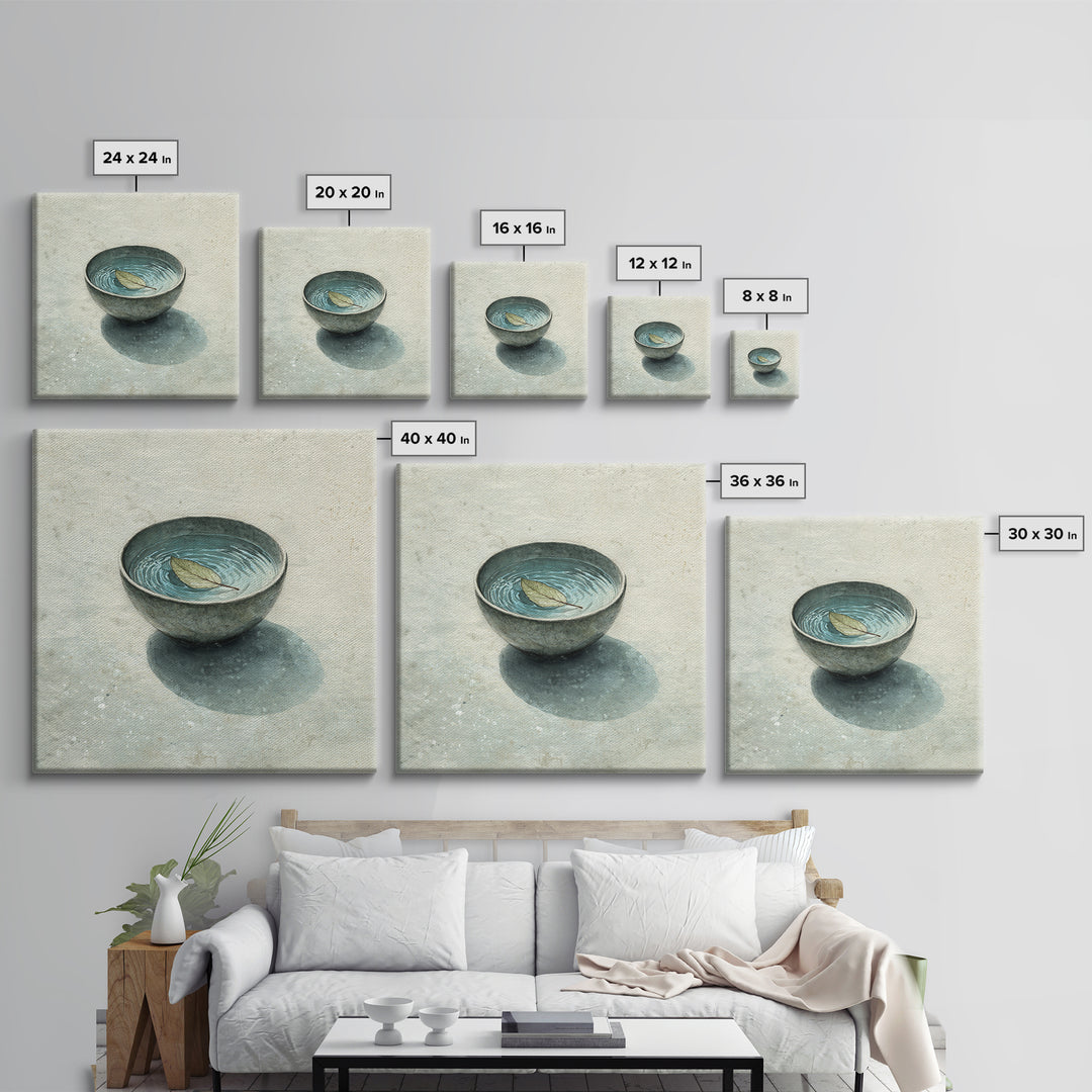 Minimal Tea Bowl With Floating Leaf Watercolor Wall Art, Wabi Sabi Zen Canvas Print, Serene Japanese Inspired Decor