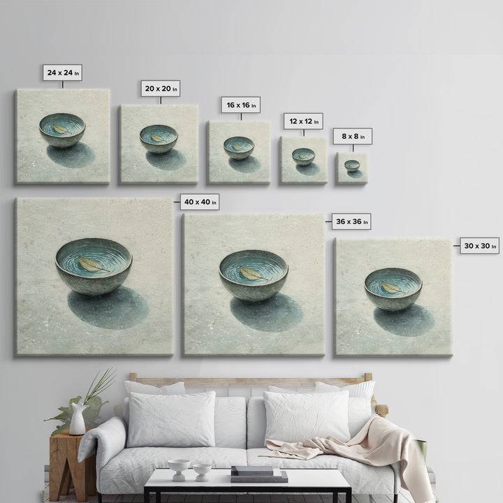 Minimal Tea Bowl With Floating Leaf Watercolor Wall Art, Wabi Sabi Zen Canvas Print, Serene Japanese Inspired Decor