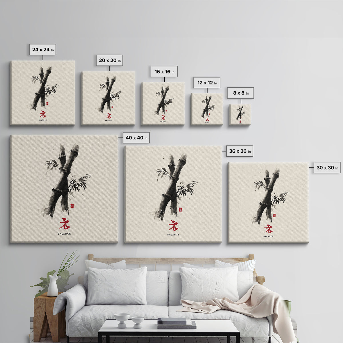 Minimalist Bamboo Ink Balance Wall Art, Japanese Zen Calligraphy Print, Wabi Sabi Japandi Decor Canvas Print