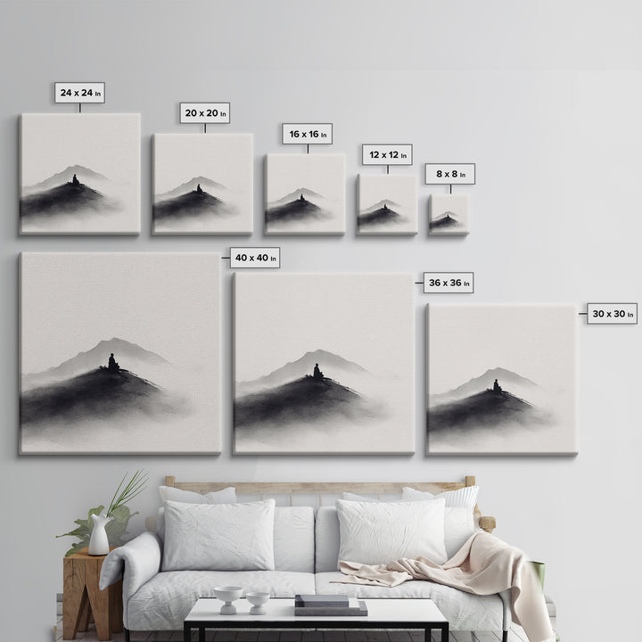 Minimalist Black And White Ink Landscape With Misty Mountains Wall Art Canvas Print For Modern Decor