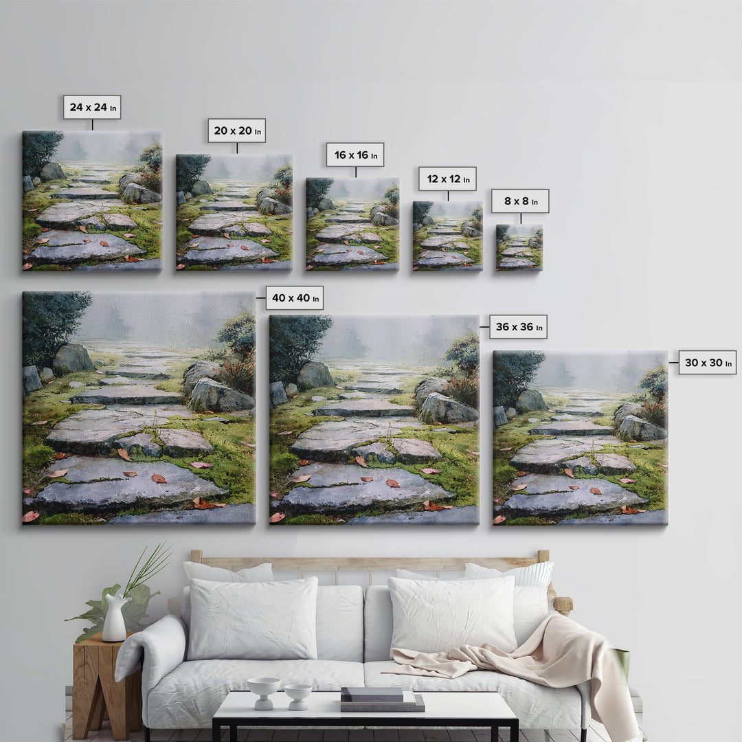 Misty Stone Garden Path Watercolor Wall Art, Serene Landscape Painting, Zen Home Decor, Wabi Sabi Neutral Canvas Print