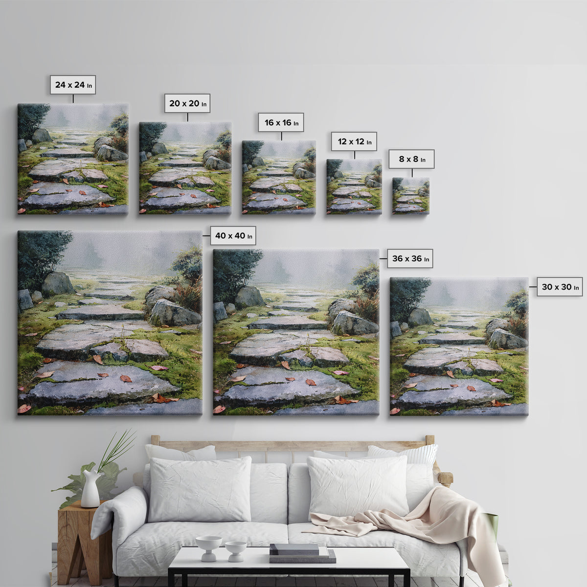 Misty Stone Garden Path Watercolor Wall Art, Serene Landscape Painting, Zen Home Decor, Wabi Sabi Neutral Canvas Print