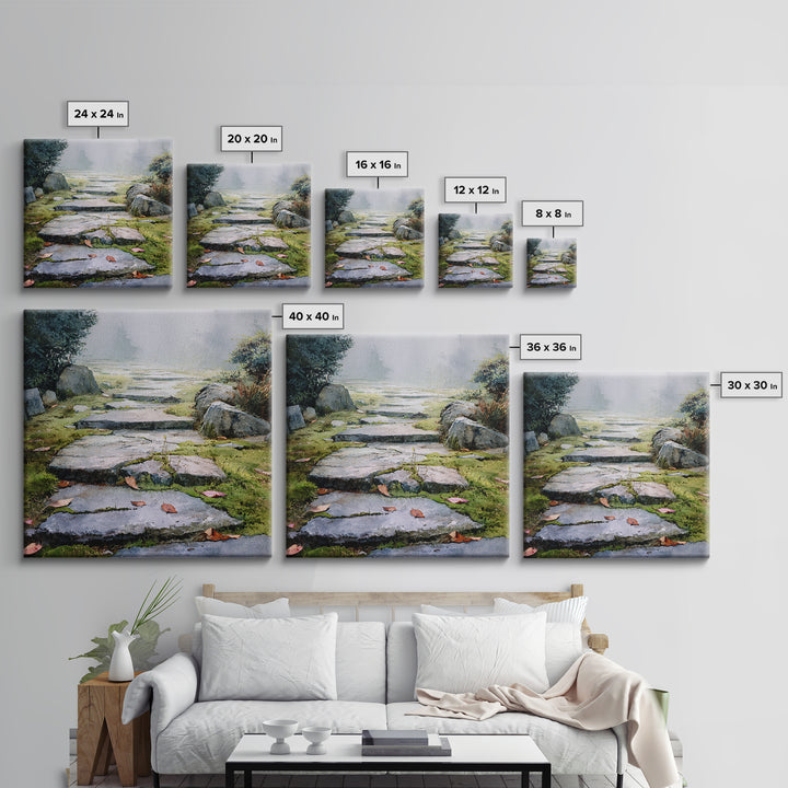 Misty Stone Garden Path Watercolor Wall Art, Serene Landscape Painting, Zen Home Decor, Wabi Sabi Neutral Canvas Print