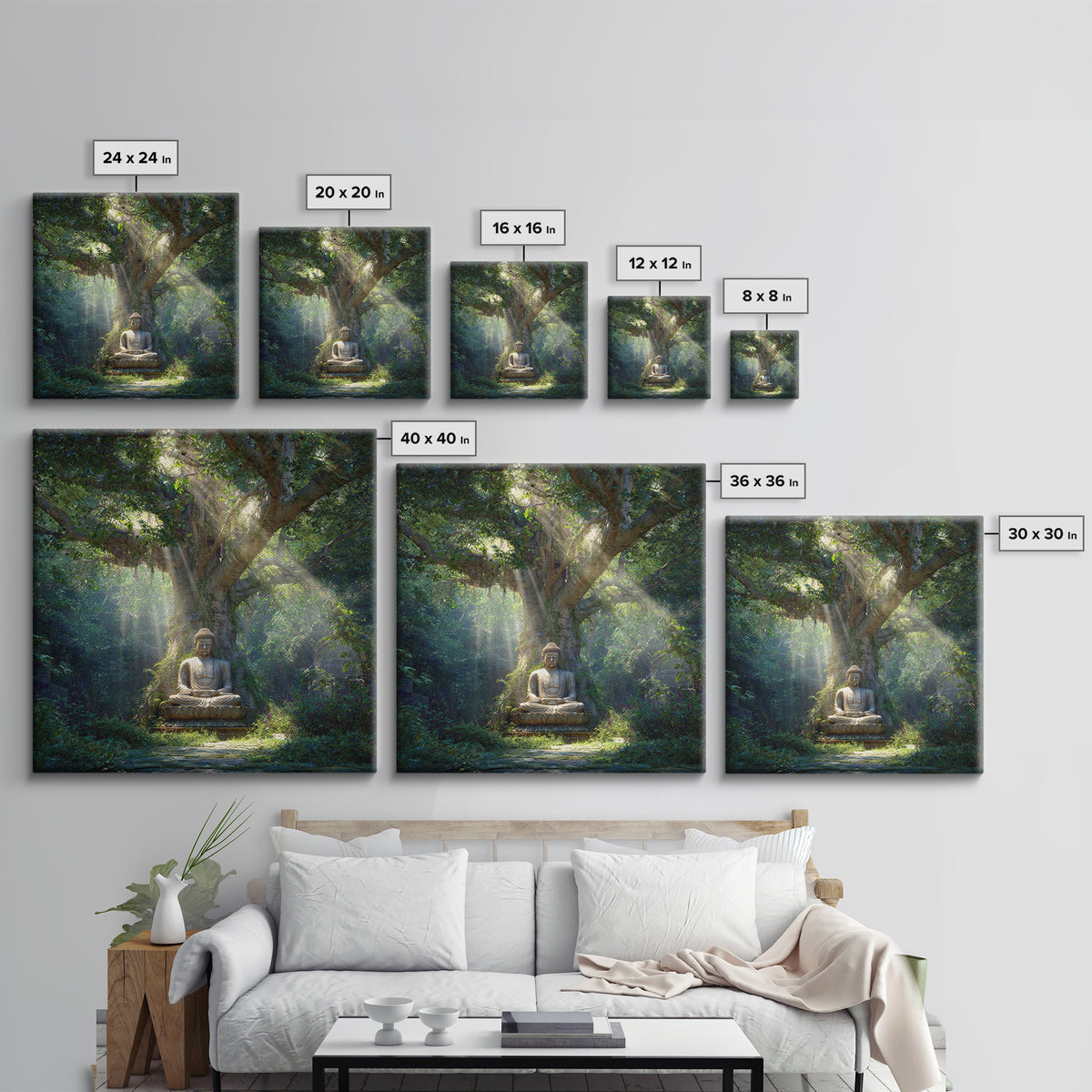 Serene Forest Buddha Statue Under Sacred Tree Wall Art Spiritual Nature Canvas Print Zen Meditation Room Decor Calming Artwork