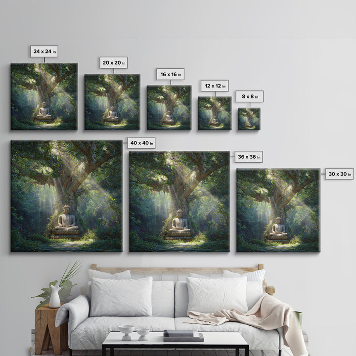 Serene Forest Buddha Statue Under Sacred Tree Wall Art Spiritual Nature Canvas Print Zen Meditation Room Decor Calming Artwork