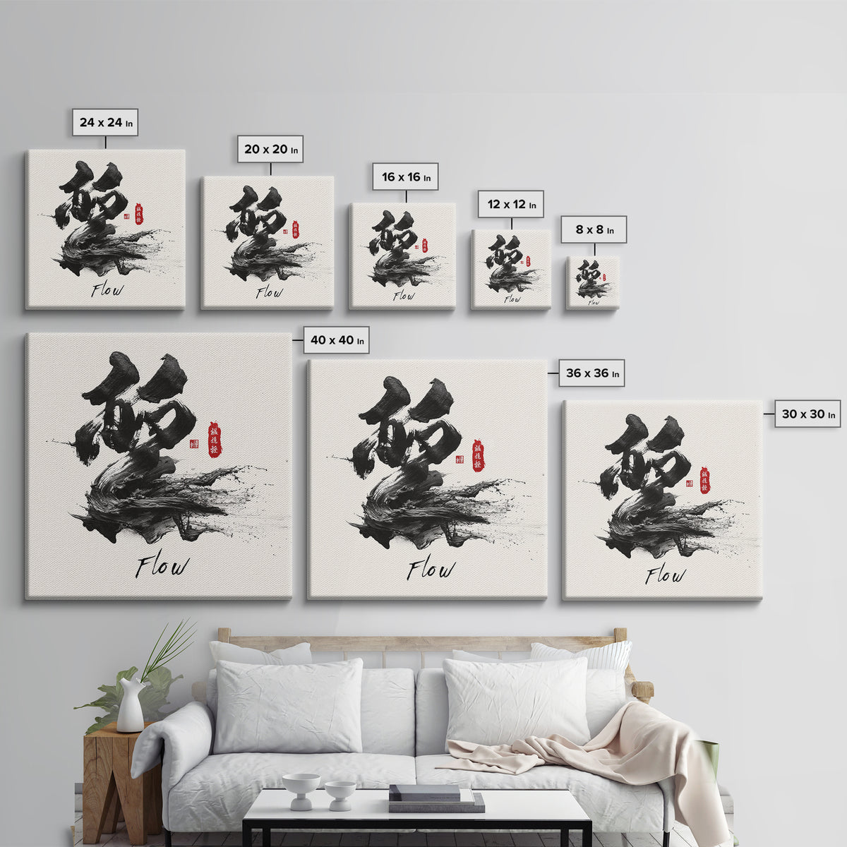 Zen Japanese Calligraphy Flow Wall Art, Black Ink Brush Stroke Canvas Print, Minimal Asian Decor For Modern Living Room Or Office
