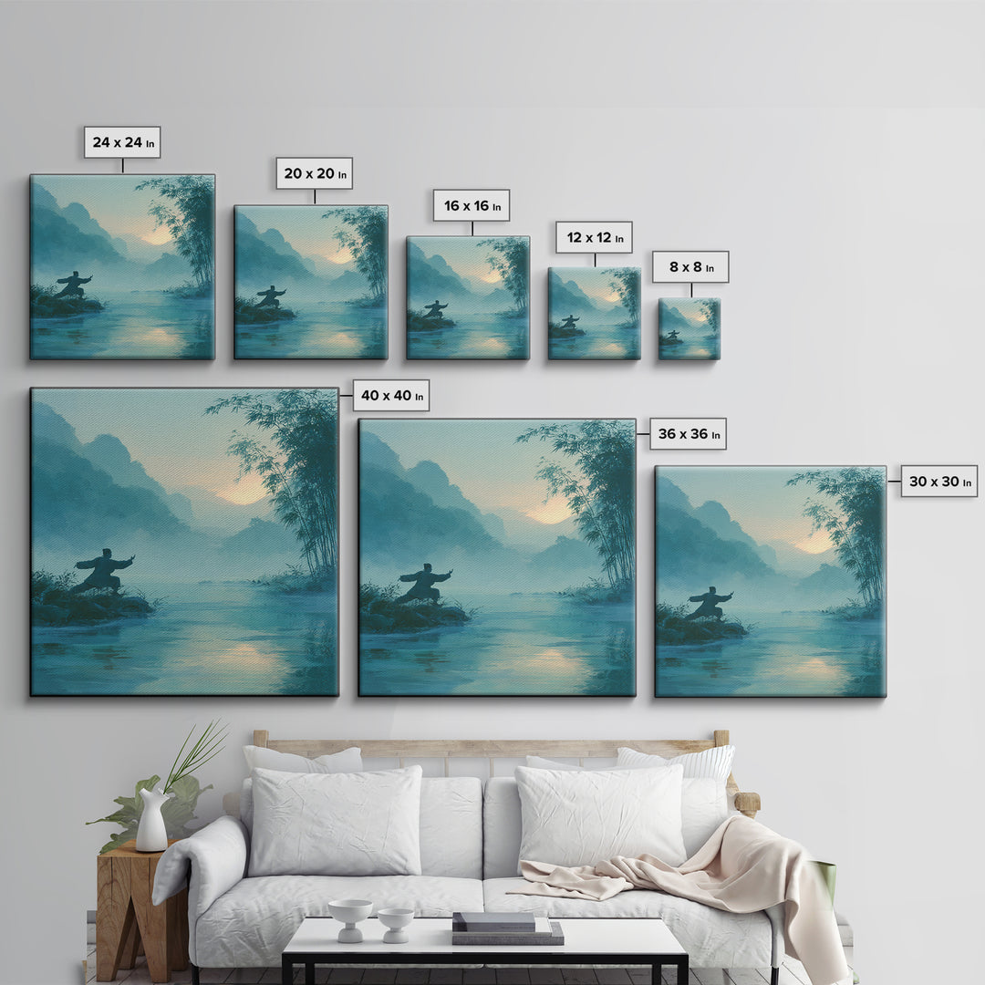 Martial Artist By Misty River At Sunrise Wall Art, Serene Zen Landscape Canvas Print, Calming Nature Home Decor Painting