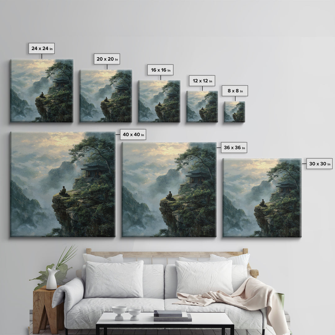 Zen Monk On Mountain Cliff Landscape Wall Art, Meditative Nature Canvas Print, Japanese Style Calming Home Decor