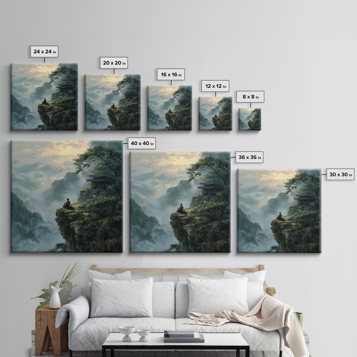 Zen Monk On Mountain Cliff Landscape Wall Art, Meditative Nature Canvas Print, Japanese Style Calming Home Decor