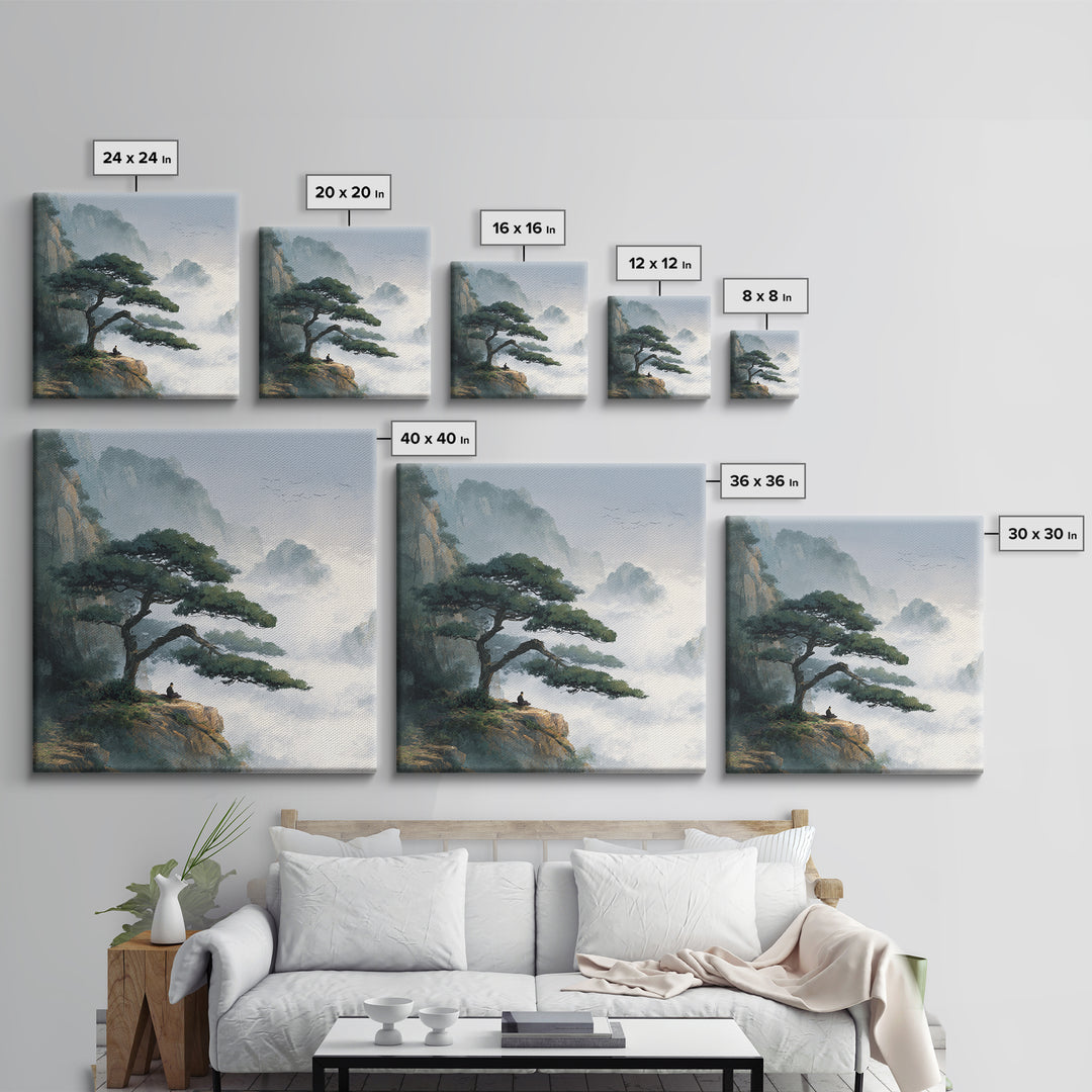 Zen Mountain Meditation Landscape Wall Art, Serene Nature Painting, Calming Japandi Style Canvas Print For Home Decor