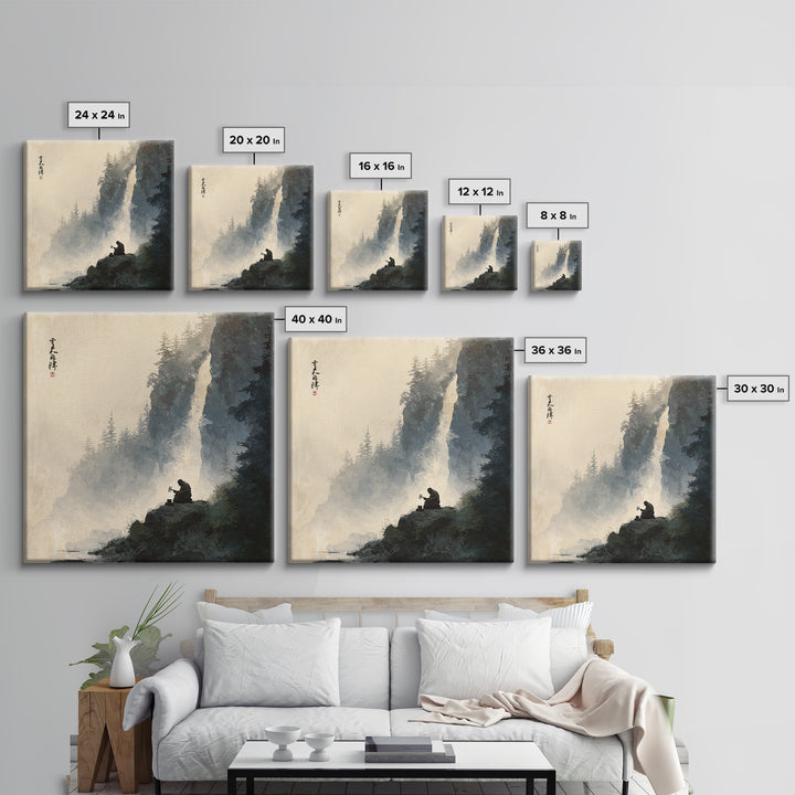 Meditating Monk By Waterfall Landscape Wall Art, Tranquil Zen Mountain Print, Japanese Inspired Nature Canvas Print