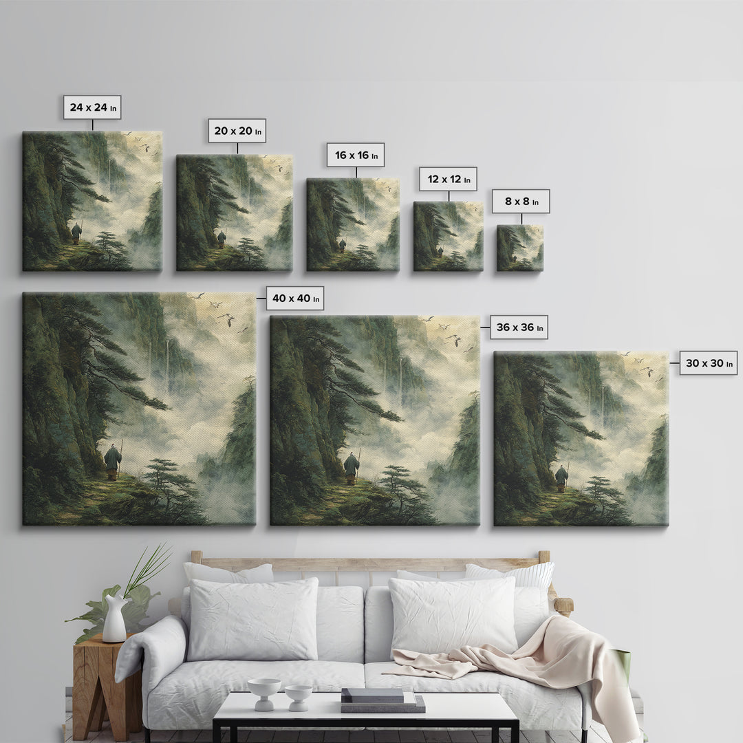 Misty Mountain Path Wanderer Wall Art, Tranquil Fantasy Landscape Painting Print, Zen Nature Home Decor Canvas Print