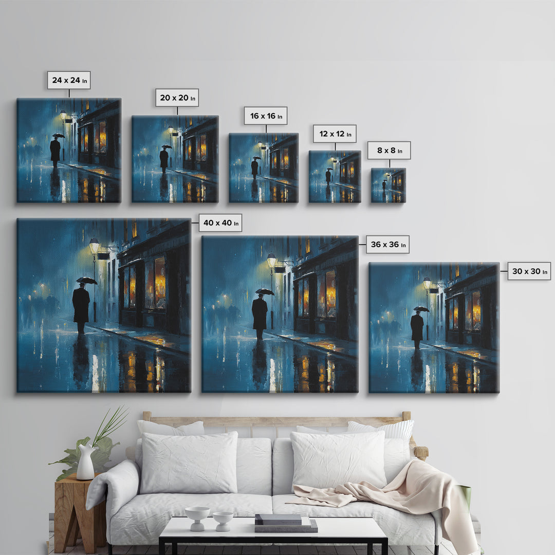 Rainy Blue City Street With Umbrella Canvas Print, Moody Urban Wall Art, Paris Cafe Decor, Romantic Bedroom Living Room Decor