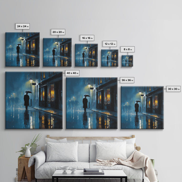 Rainy Blue City Street With Umbrella Canvas Print, Moody Urban Wall Art, Paris Cafe Decor, Romantic Bedroom Living Room Decor