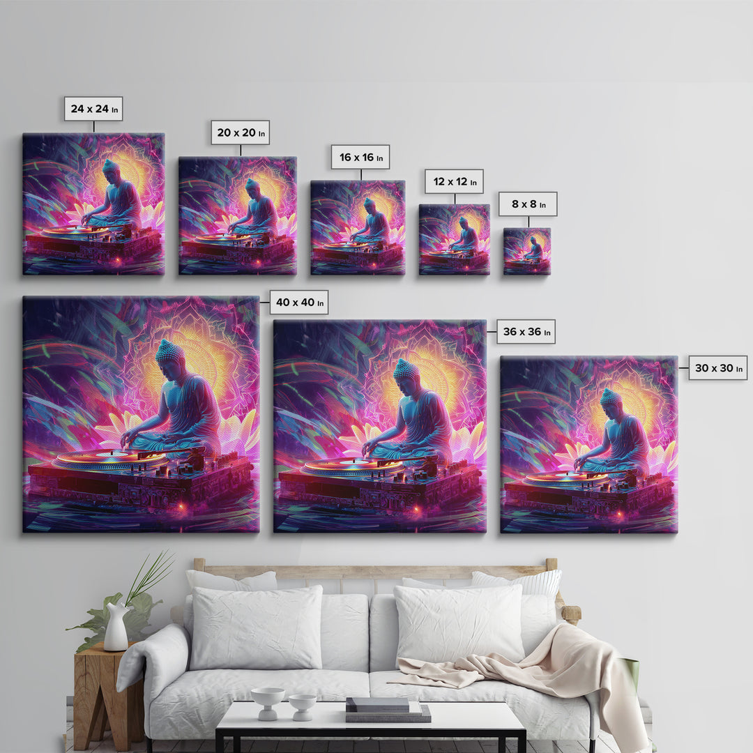 Meditative Buddha DJ Neon Wall Art Canvas Print, Psychedelic Spiritual Music Poster For Gaming Room And Modern Decor