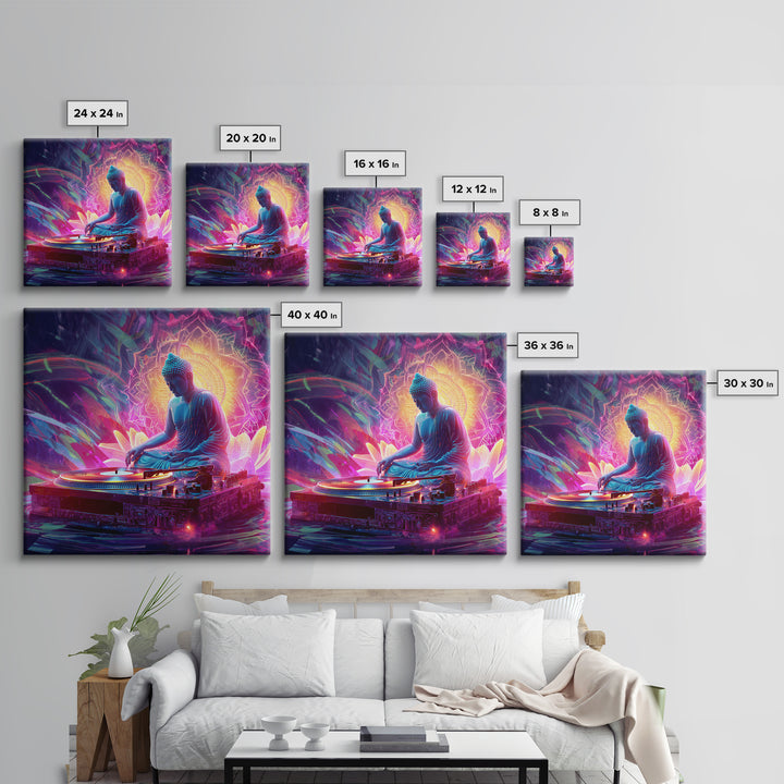Meditative Buddha DJ Neon Wall Art Canvas Print, Psychedelic Spiritual Music Poster For Gaming Room And Modern Decor