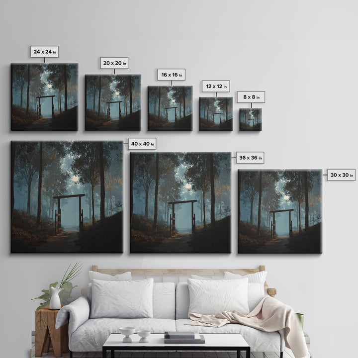 Moody Forest Gate Landscape Wall Art, Misty Woodland Path Canvas Print, Calming Nature Painting For Rustic Home Or Bedroom Decor