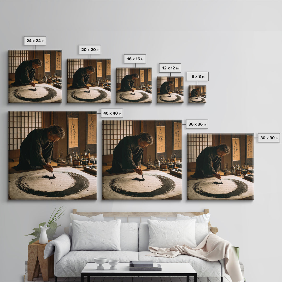 Japanese Calligrapher Painting Zen Enso Circle Wall Art, Serene Asian Ink Canvas Print For Mindful Home Decor