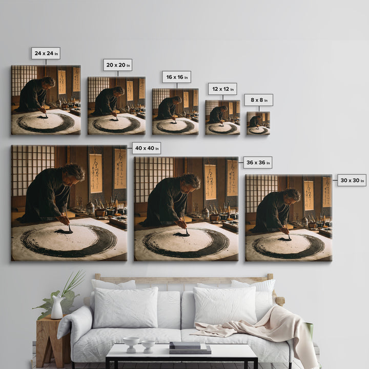Japanese Calligrapher Painting Zen Enso Circle Wall Art, Serene Asian Ink Canvas Print For Mindful Home Decor