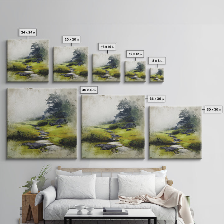 Misty Stone Path Garden Landscape Wall Art, Serene Zen Canvas Print, Wabi Sabi Nature Home Decor, Calming Wall Art