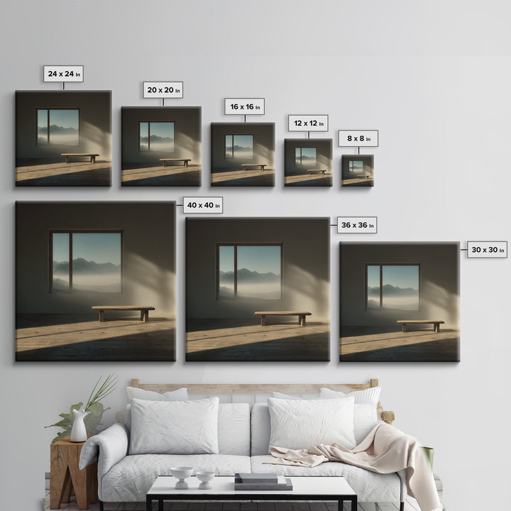 Minimalist Japandi Interior Wall Art, Sunlit Bench And Mountain View Framed Canvas Print, Neutral Zen Home Decor