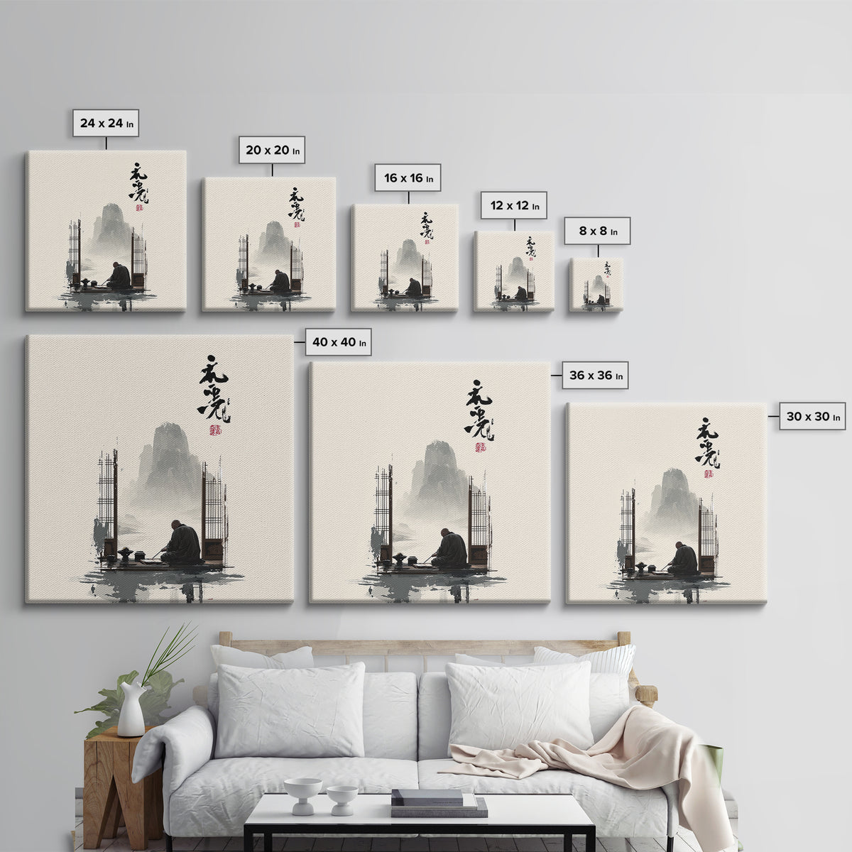Zen Monk By Mountain Lake Wall Art, Minimalist Japanese Landscape Canvas Print, Calming Neutral Home Decor