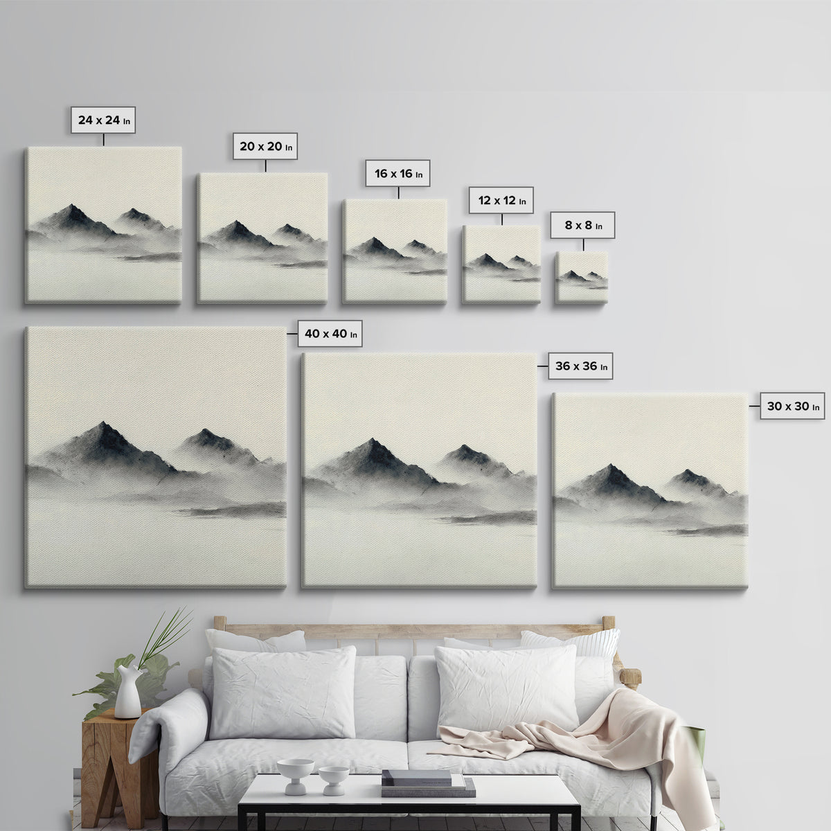 Minimal Misty Mountain Landscape Wall Art, Black And White Ink Painting Print, Serene Japandi Decor For Modern Bedroom Or Office