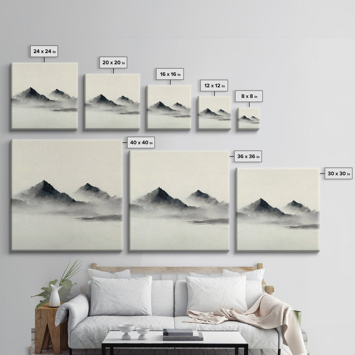 Minimal Misty Mountain Landscape Wall Art, Black And White Ink Painting Print, Serene Japandi Decor For Modern Bedroom Or Office