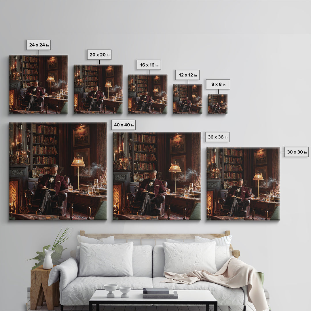 Elegant Gentleman Reading By Fireplace Framed Canvas Print, Dark Academia Library Wall Art, Old World Office Decor Gift For Him