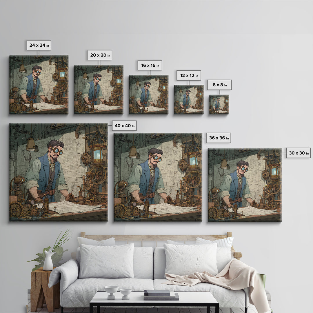 Steampunk Inventor Drafting Blueprints Canvas Print, Industrial Office Wall Art, Mechanical Workshop Decor, Gift For Him