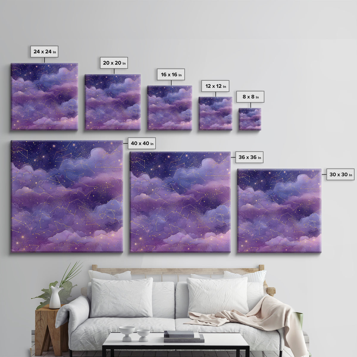 Purple Constellation Clouds Canvas Print, Celestial Wall Art, Astrology Decor, Starry Night Sky Nursery And Bedroom Decor