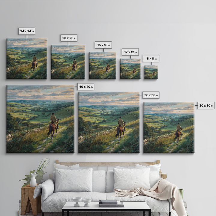 Horseback Rider Over Rolling Green Countryside Canvas Print, Equestrian Wall Art, Rustic Landscape, Country Home Decor, Gift For Horse Lover
