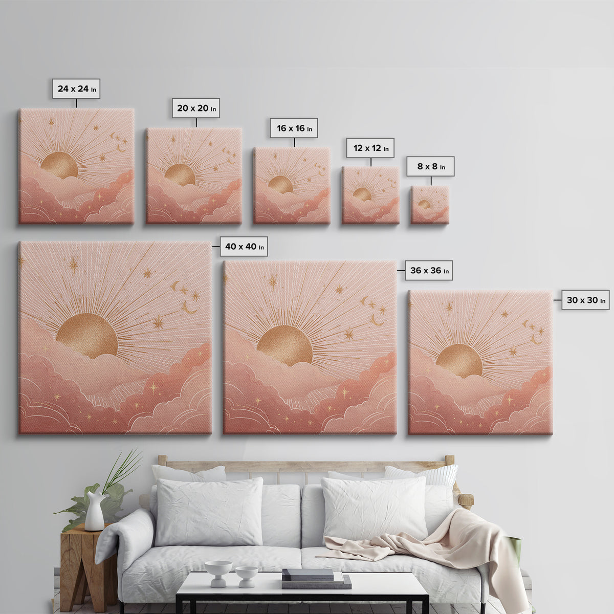 Boho Golden Sun Over Pink Clouds Wall Art, Celestial Sun And Moon Print, Warm Neutral Nursery Decor, Above Bed Decor Gift