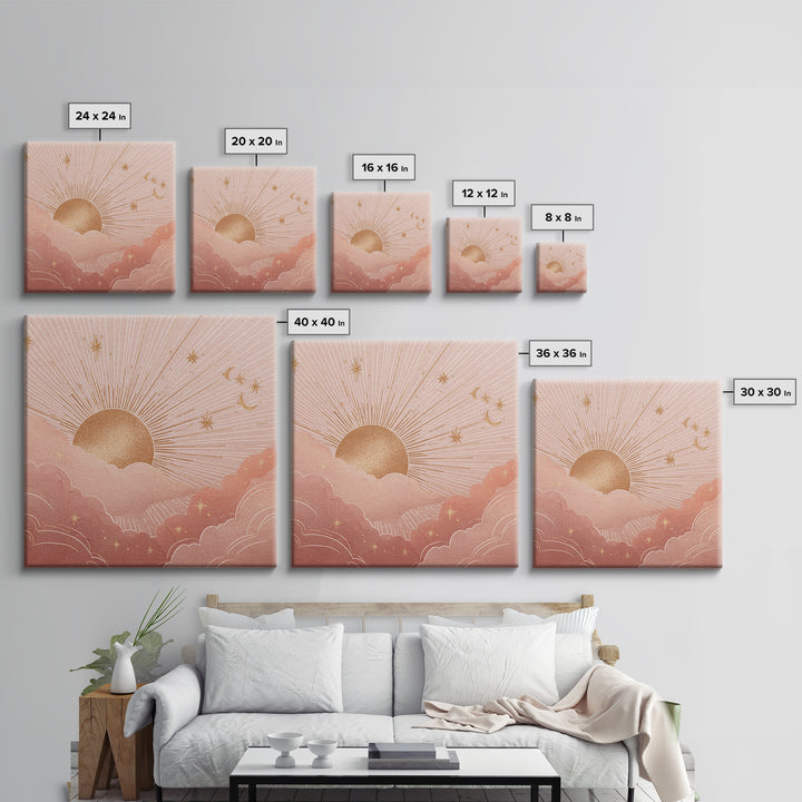 Boho Golden Sun Over Pink Clouds Wall Art, Celestial Sun And Moon Print, Warm Neutral Nursery Decor, Above Bed Decor Gift