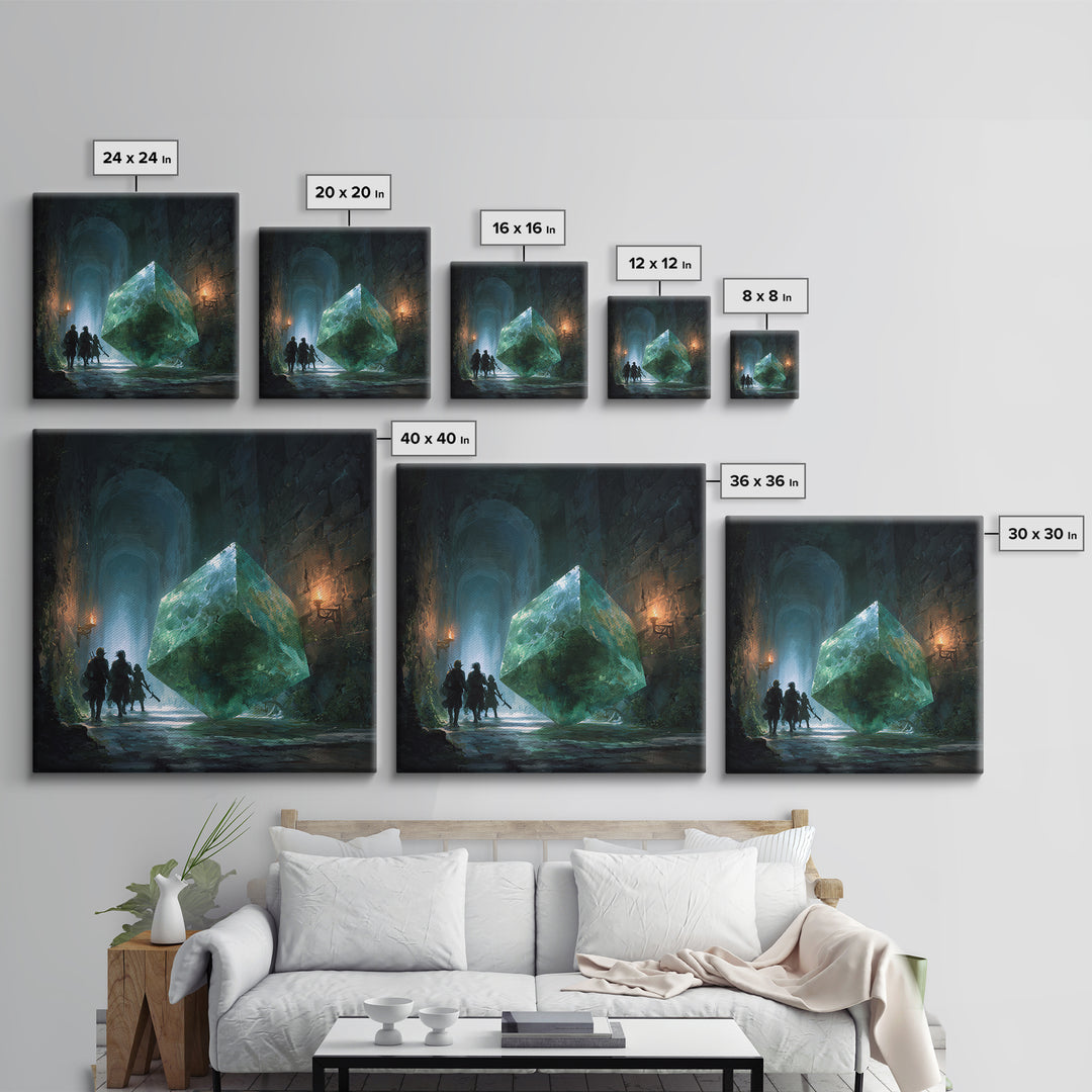 Glowing Green Crystal Dungeon Wall Art, Fantasy Adventure Canvas Print, Magical Library Decor, Dungeons And Dragons Gift