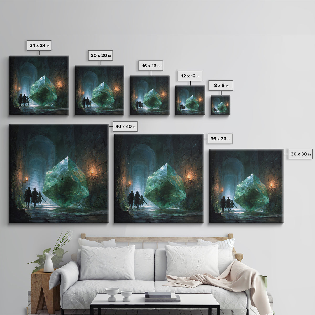 Glowing Green Crystal Dungeon Wall Art, Fantasy Adventure Canvas Print, Magical Library Decor, Dungeons And Dragons Gift